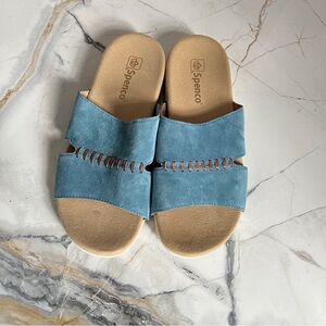 Spenco Women's Blue Suede Slide Sandals Twilight Woven Slide color bluestone